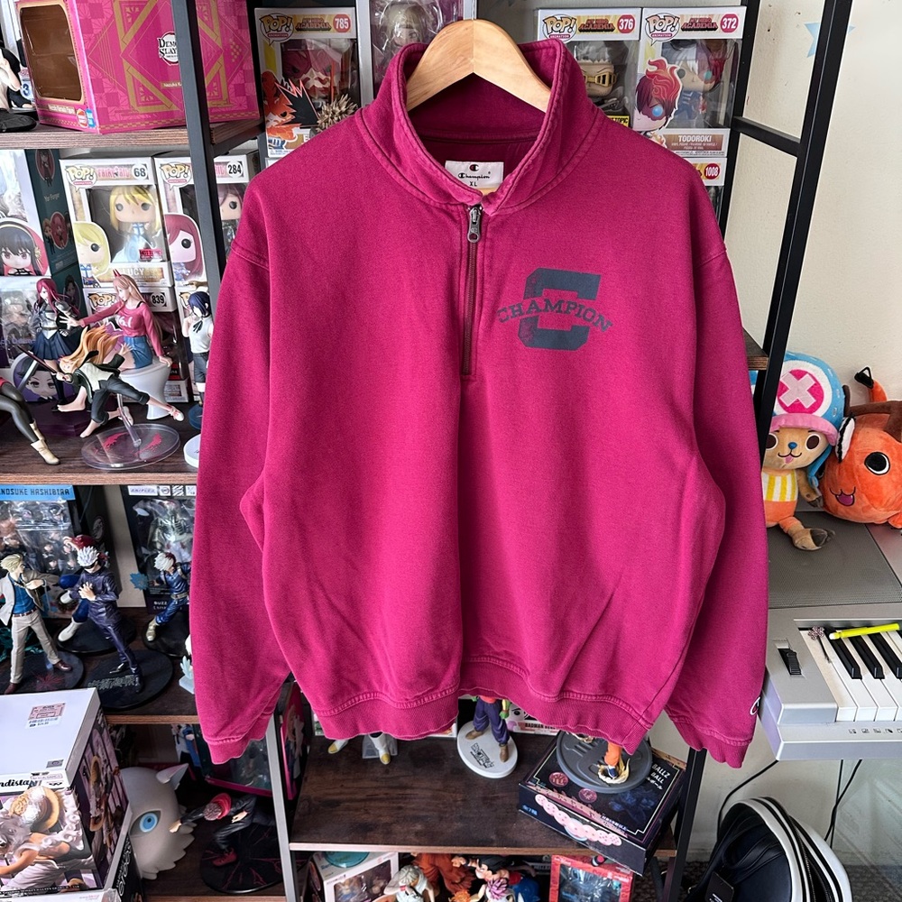Champion Quarter Zip Sweatshirt Burgundy Spell Out Men’s XL